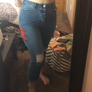 High waisted Rose embroidered mom jeans